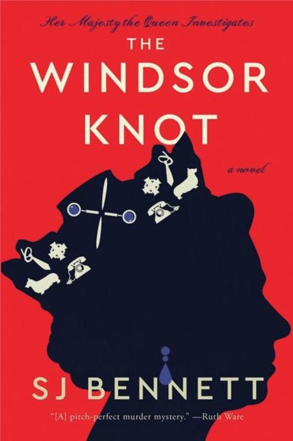 Book cover of The Windsor Knot by S.J. Bennett, featuring a bold red background with a dark navy silhouette of Queen Elizabeth II in profile. Inside the silhouette are small icons such as corgis, telephones, and royal insignia. The title appears in large cream-colored letters, with the subtitle “Her Majesty the Queen Investigates” at the top and a review quote by Ruth Ware at the bottom.